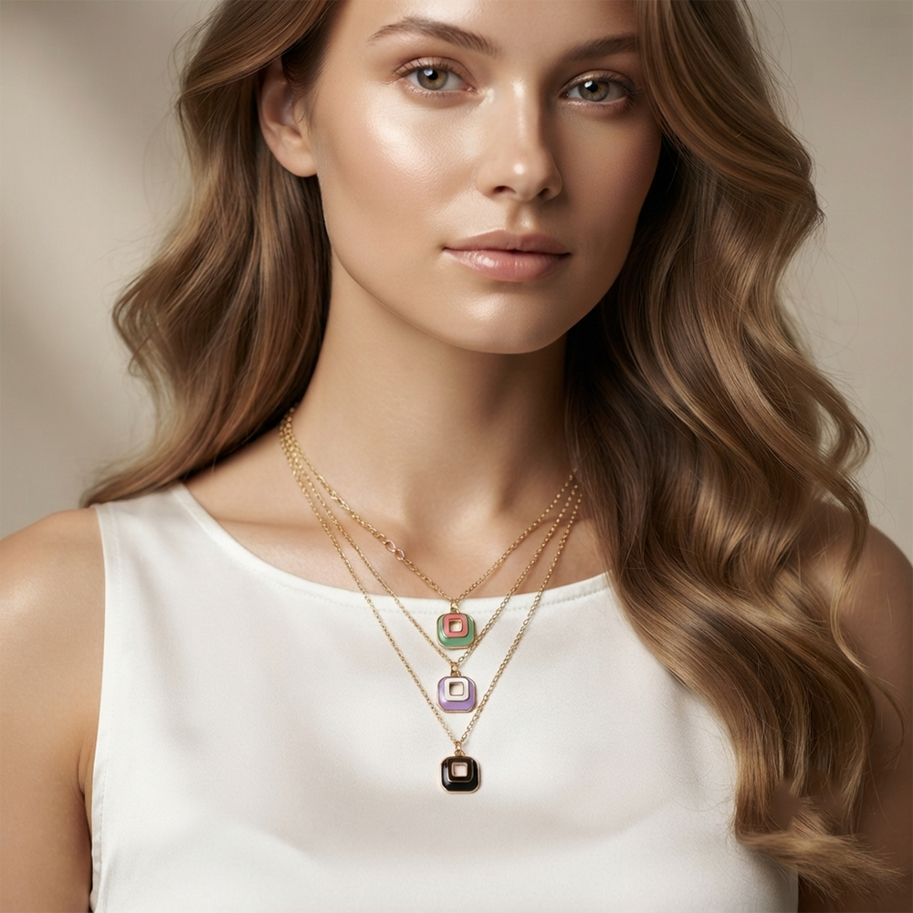 The99Jewel Gold Plated Triple Layered Enamelled Unique Square Pendant Western Necklace 