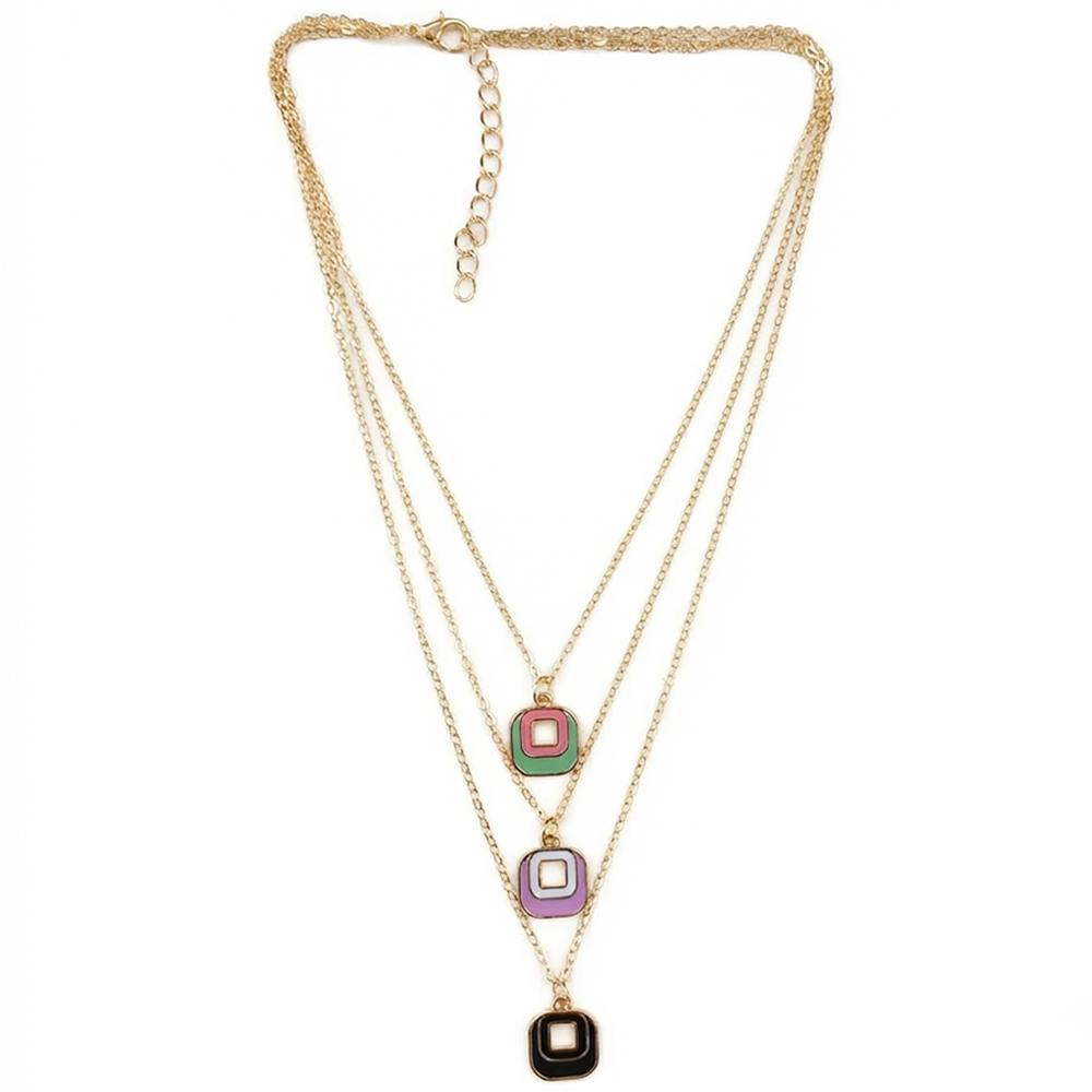 The99Jewel Gold Plated Triple Layered Enamelled Unique Square Pendant Western Necklace