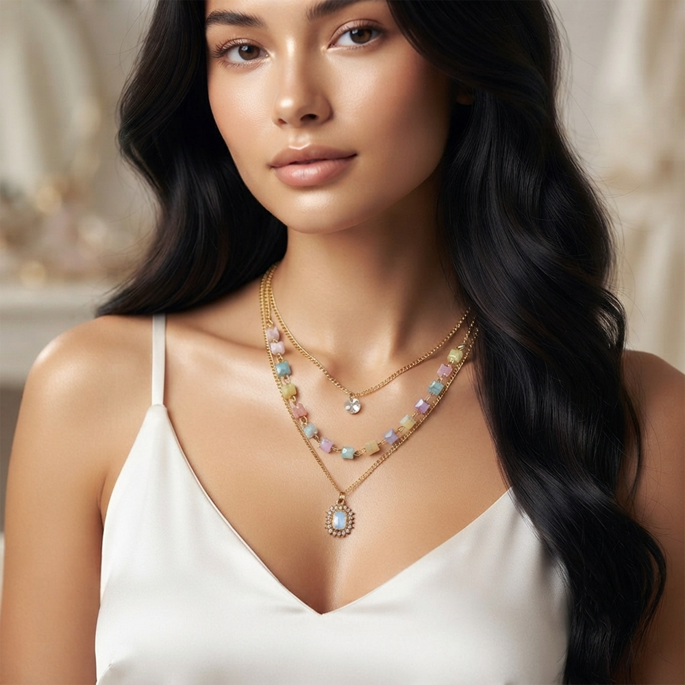 The99Jewel Gold Plated Triple Layered Enamelled Cubic Charms And Crystal Pendant Western Necklace
