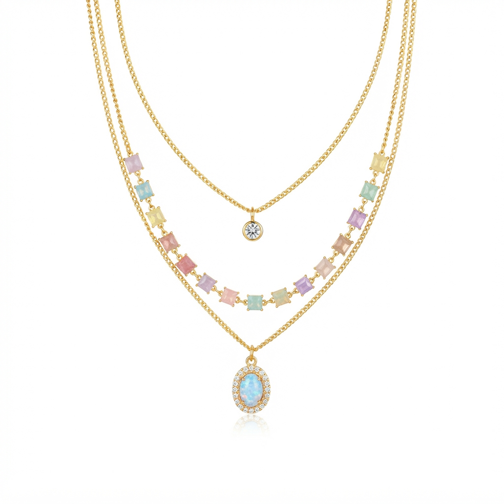 The99Jewel Gold Plated Triple Layered Enamelled Cubic Charms And Crystal Pendant Western Necklace