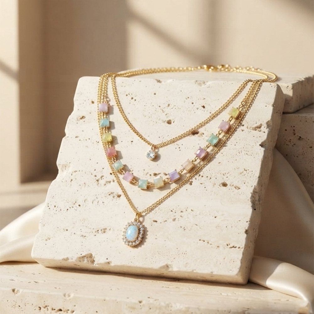 The99Jewel Gold Plated Triple Layered Enamelled Cubic Charms And Crystal Pendant Western Necklace 