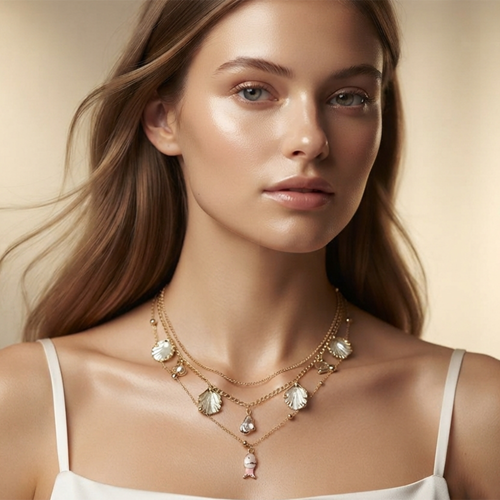 The99Jewel Gold Plated Triple Layered Coastal Inspired Fish And shell Charms Western Necklace