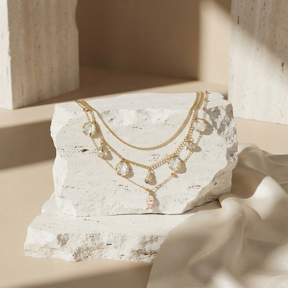 The99Jewel Gold Plated Triple Layered Coastal Inspired Fish And shell Charms Western Necklace 