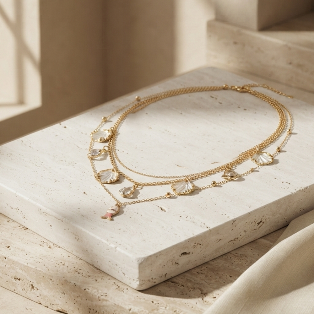 The99Jewel Gold Plated Triple Layered Coastal Inspired Fish And shell Charms Western Necklace