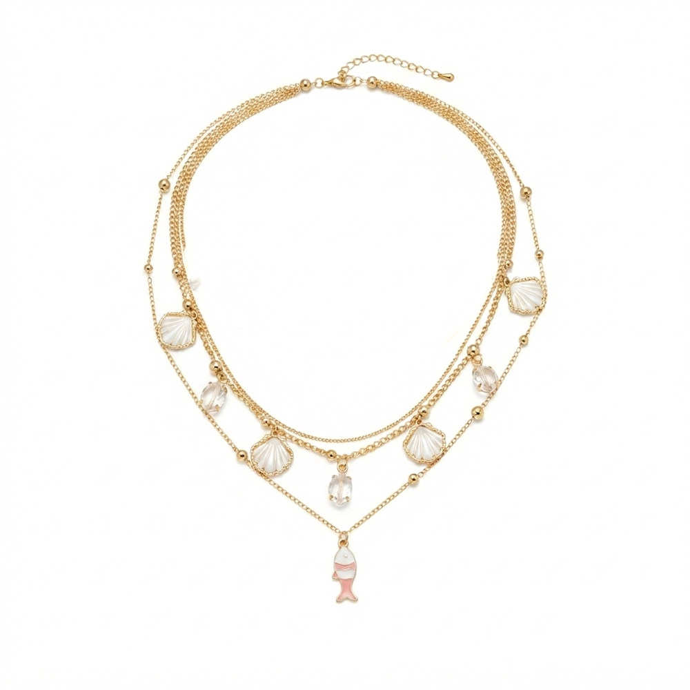 The99Jewel Gold Plated Triple Layered Coastal Inspired Fish And shell Charms Western Necklace