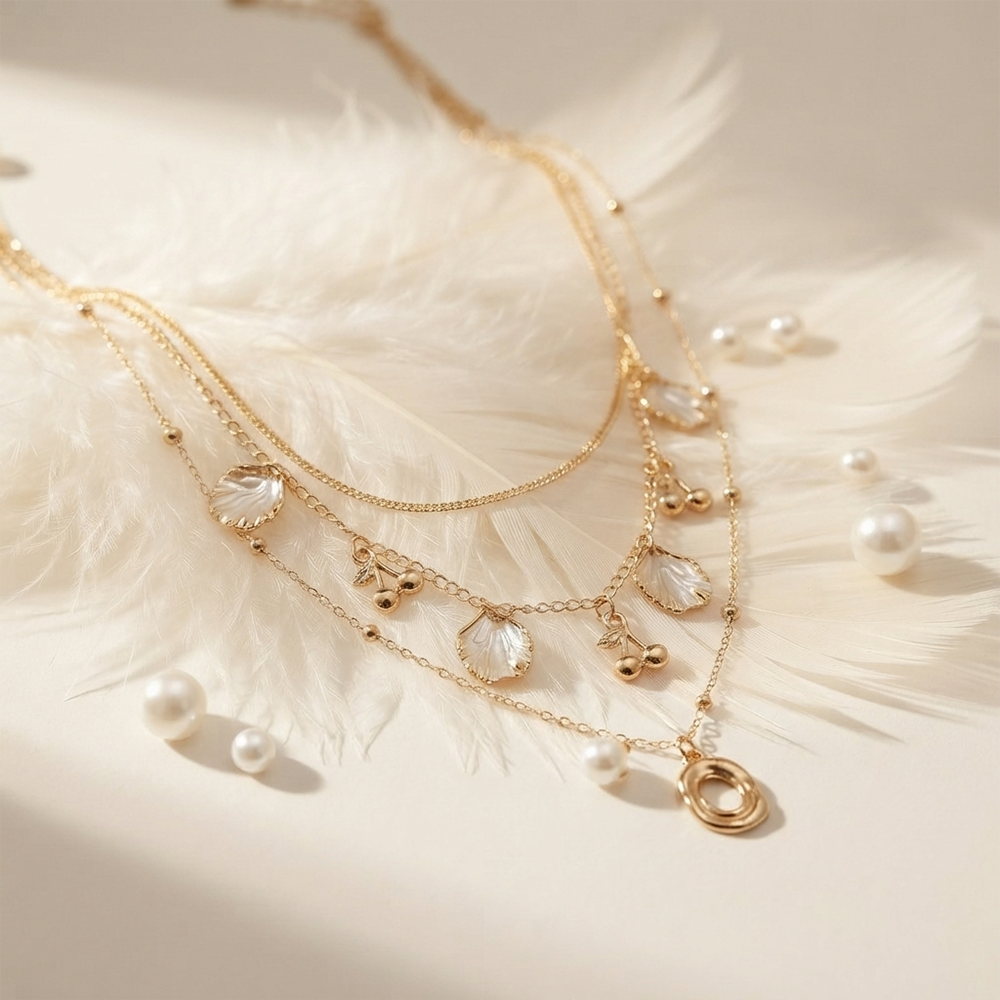 The99Jewel Gold Plated Triple Layered Coastal Inspired shell Charms Western Necklace