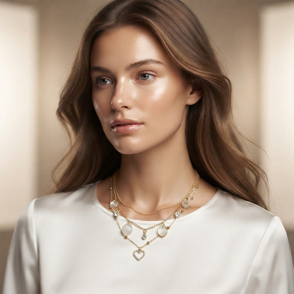 The99Jewel Gold Plated Triple Layered Coastal Inspired shell Charms and crystal Stone Western Necklace 