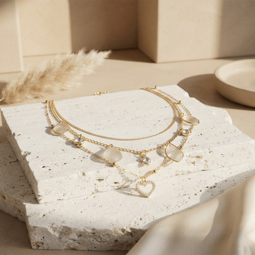 The99Jewel Gold Plated Triple Layered Coastal Inspired shell Charms and crystal Stone Western Necklace
