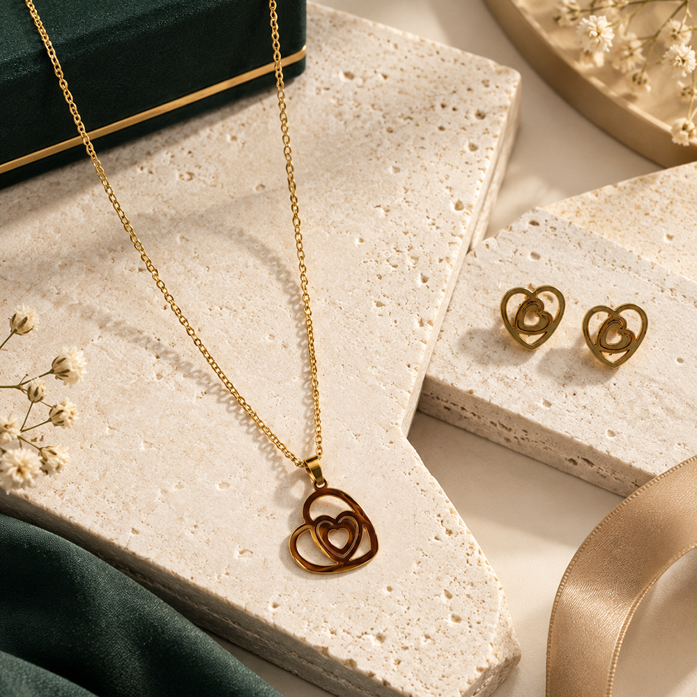 The99Jewel Anti Tarnish Chain Necklace with Heart Pendant & Matching Earrings for Women