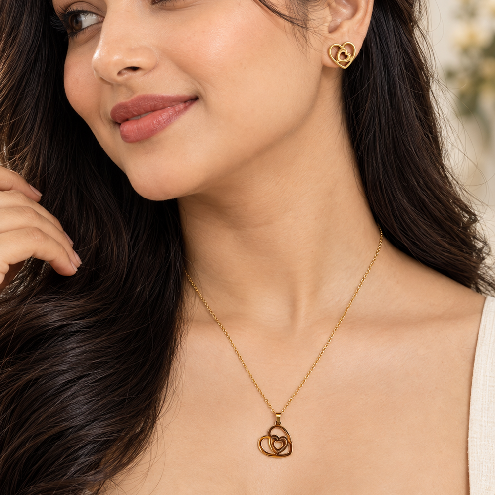 The99Jewel Anti Tarnish Chain Necklace with Heart Pendant & Matching Earrings for Women