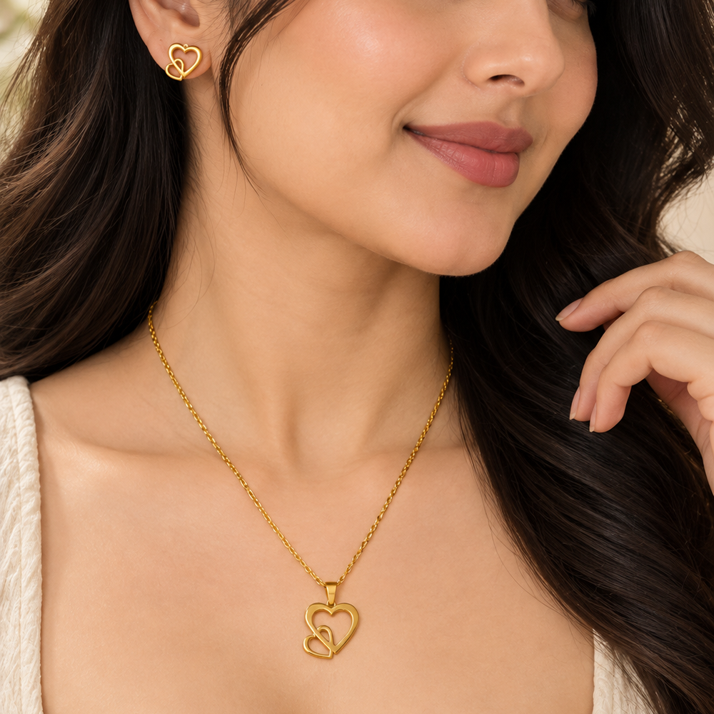 The99Jewel Anti Tarnish Chain Necklace with Heart Pendant & Matching Earrings for Women