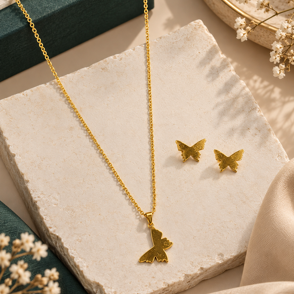 The99Jewel Anti Tarnish Chain Necklace with Butterfly Pendant & Matching Earrings for Women