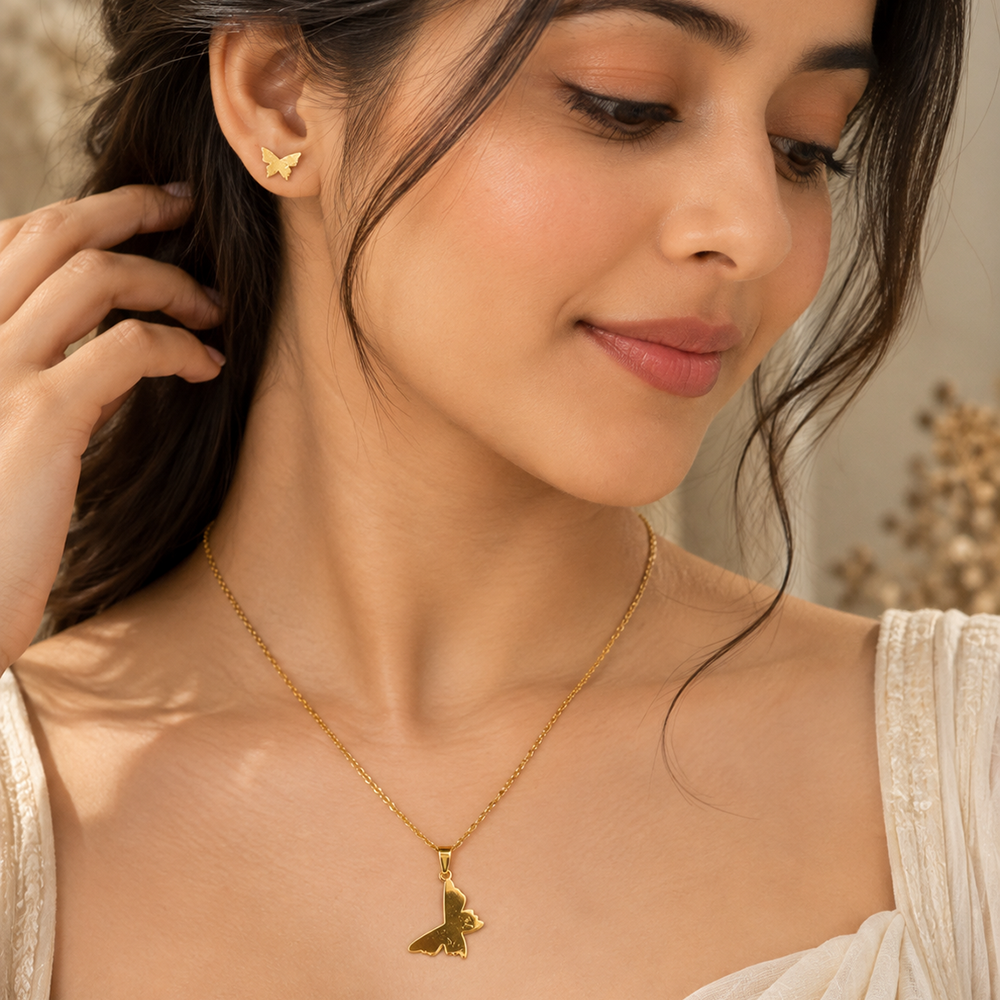 The99Jewel Anti Tarnish Chain Necklace with Butterfly Pendant & Matching Earrings for Women