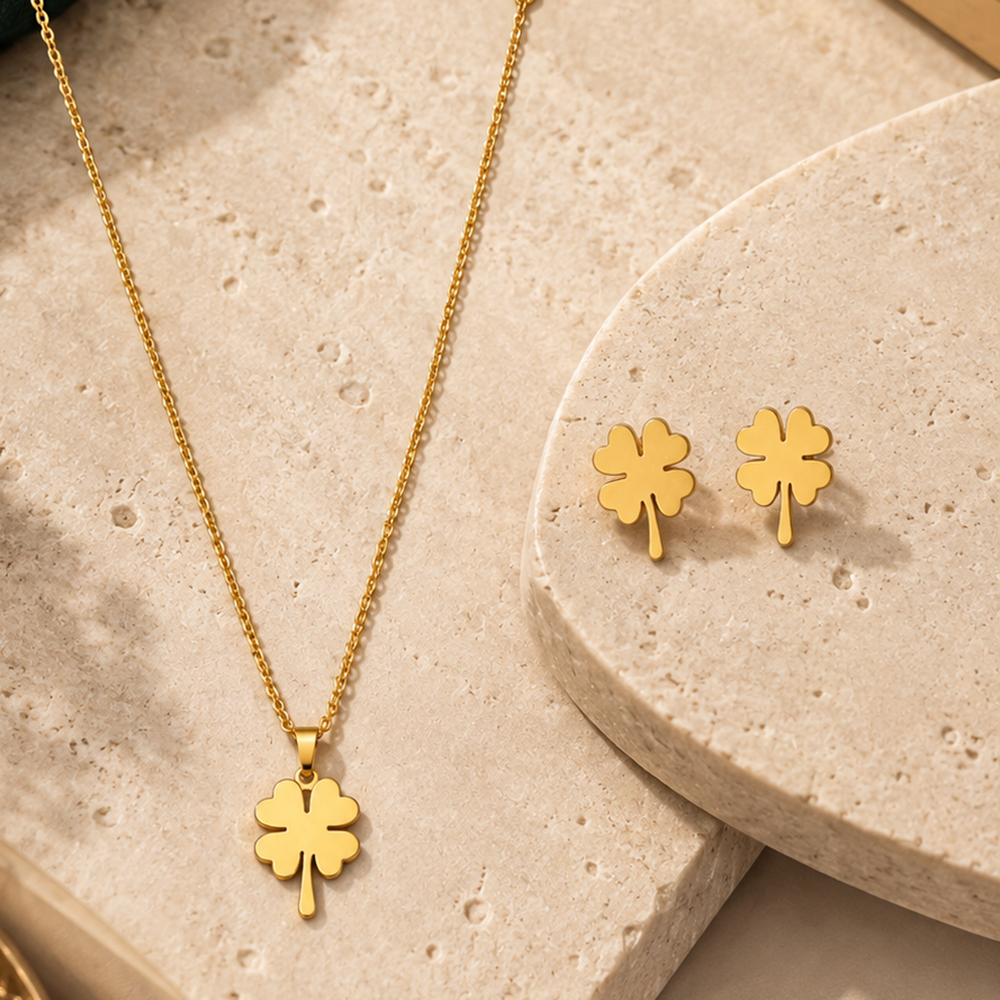 The99Jewel Anti Tarnish Chain Necklace with Clover Pendant & Matching Earrings for Women