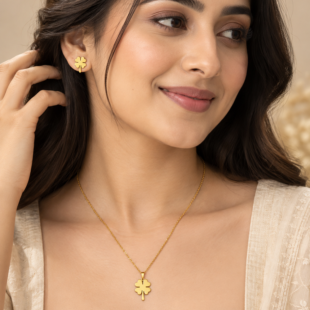 The99Jewel Anti Tarnish Chain Necklace with Clover Pendant & Matching Earrings for Women