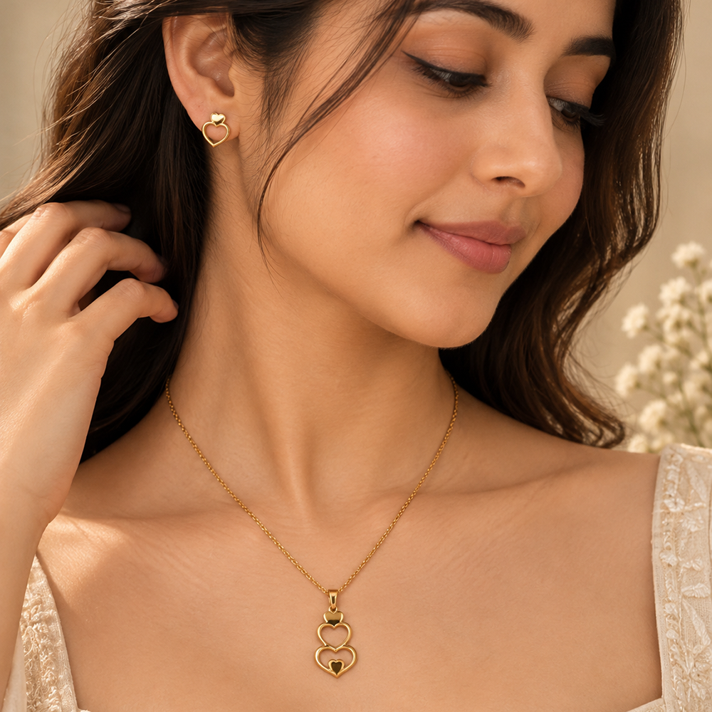 The99Jewel Anti Tarnish Chain Necklace with Heart Pendant & Matching Earrings for Women