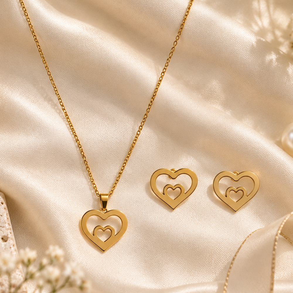 The99Jewel Anti Tarnish Chain Necklace with Heart Pendant & Matching Earrings for Women