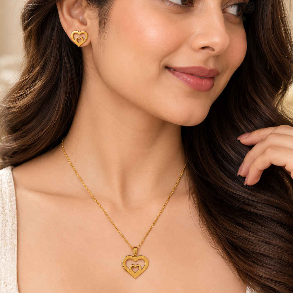 The99Jewel Anti Tarnish Chain Necklace with Heart Pendant & Matching Earrings for Women