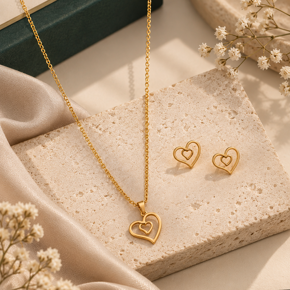 The99Jewel Anti Tarnish Chain Necklace with Heart Pendant & Matching Earrings for Women