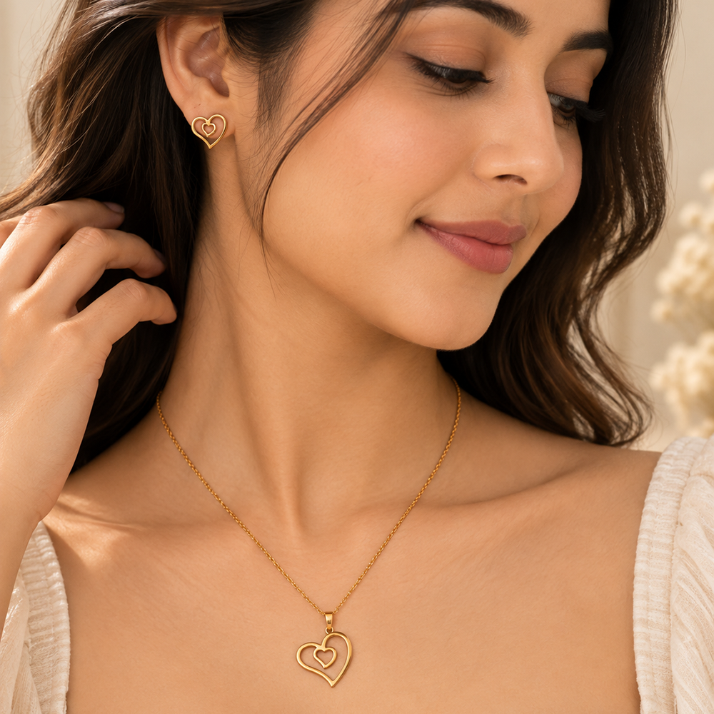 The99Jewel Anti Tarnish Chain Necklace with Heart Pendant & Matching Earrings for Women