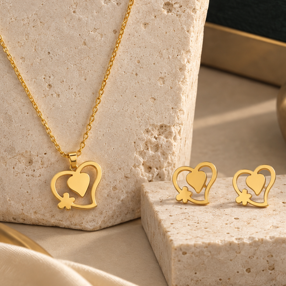 The99Jewel Anti Tarnish Chain Necklace with Heart Pendant & Matching Earrings for Women
