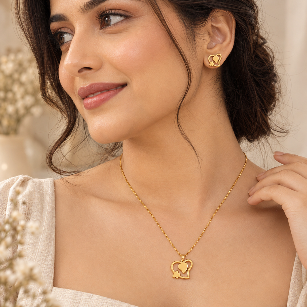 The99Jewel Anti Tarnish Chain Necklace with Heart Pendant & Matching Earrings for Women