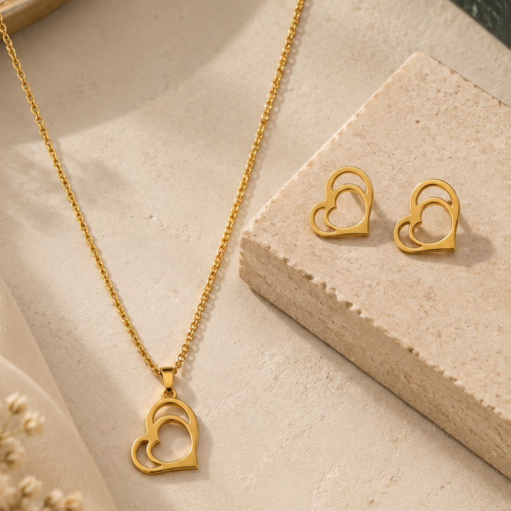 The99Jewel Anti Tarnish Chain Necklace with Heart Pendant & Matching Earrings for Women