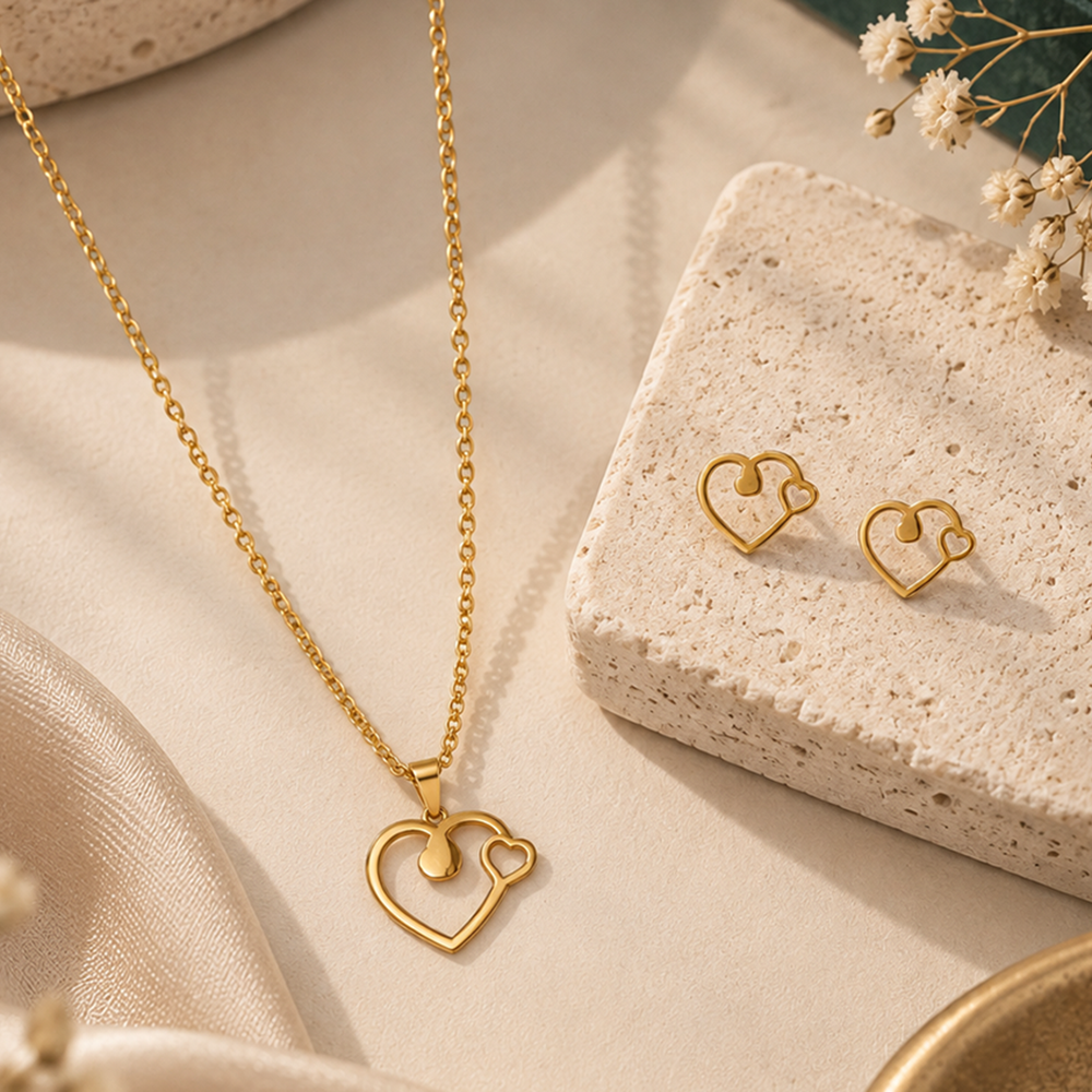 The99Jewel Anti Tarnish Chain Necklace with Heart Pendant & Matching Earrings for Women
