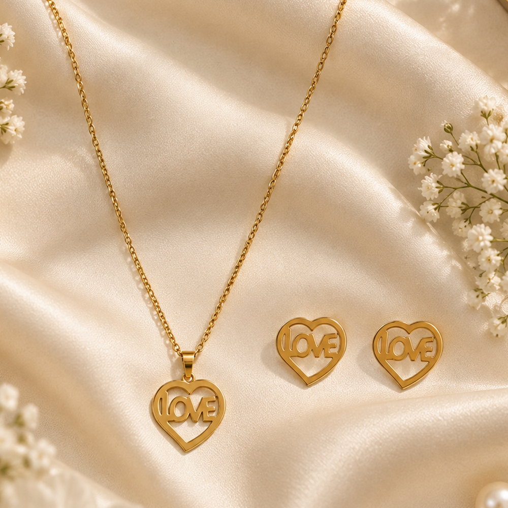 The99Jewel Minimal Anti Tarnish Love Pendant Chain Necklace & Earrings Set for Women