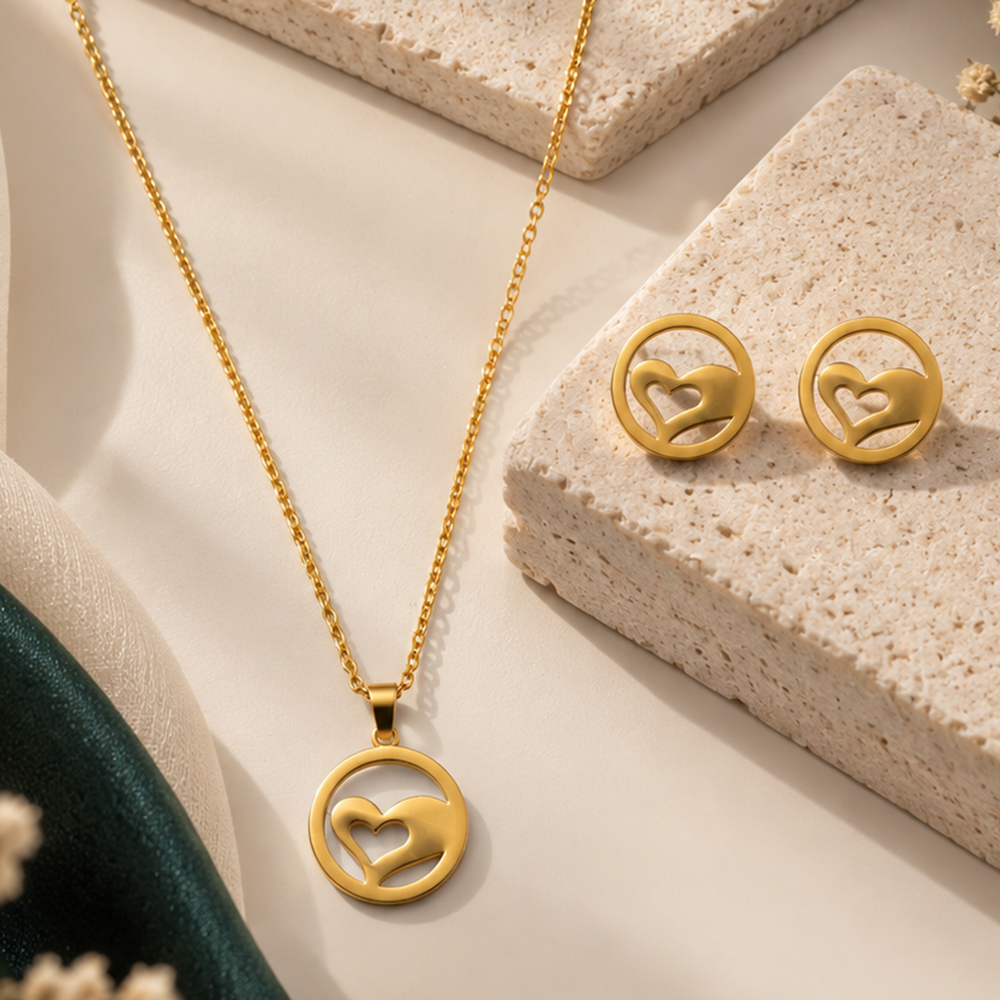 The99Jewel Minimal Anti Tarnish Heart Pendant Chain Necklace & Earrings Set for Women