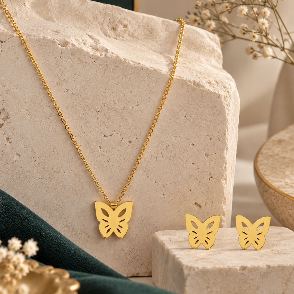 The99Jewel Minimal Anti Tarnish Butterfly Pendant Chain Necklace & Earrings Set for Women