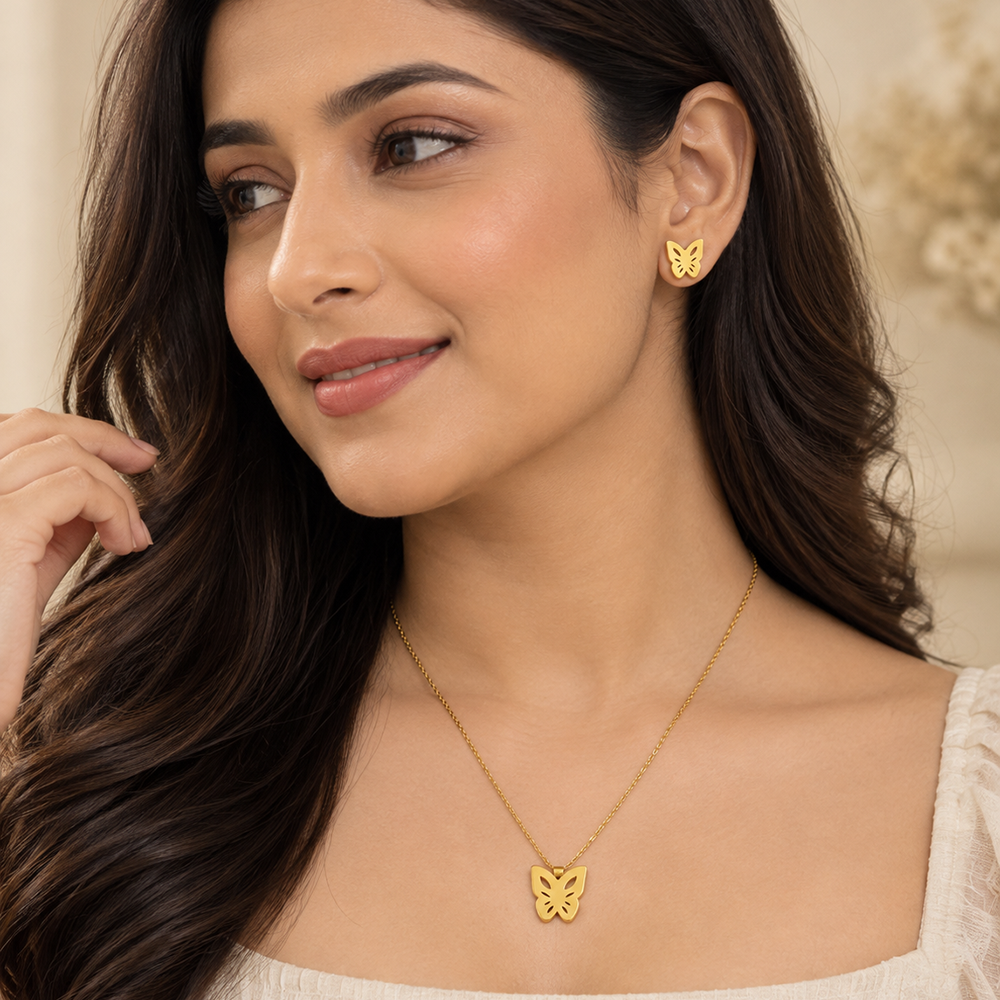 The99Jewel Minimal Anti Tarnish Butterfly Pendant Chain Necklace & Earrings Set for Women
