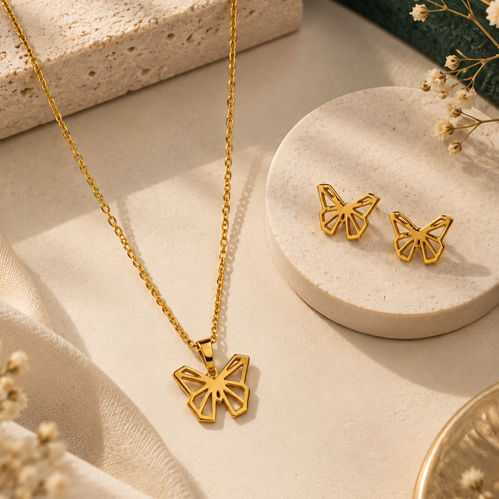 The99Jewel Minimal Anti Tarnish Butterfly Pendant Chain Necklace & Earrings Set for Women