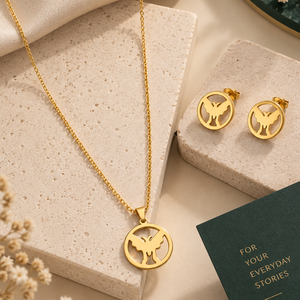 The99Jewel Minimal Anti Tarnish Butterfly Pendant Chain Necklace & Earrings Set for Women