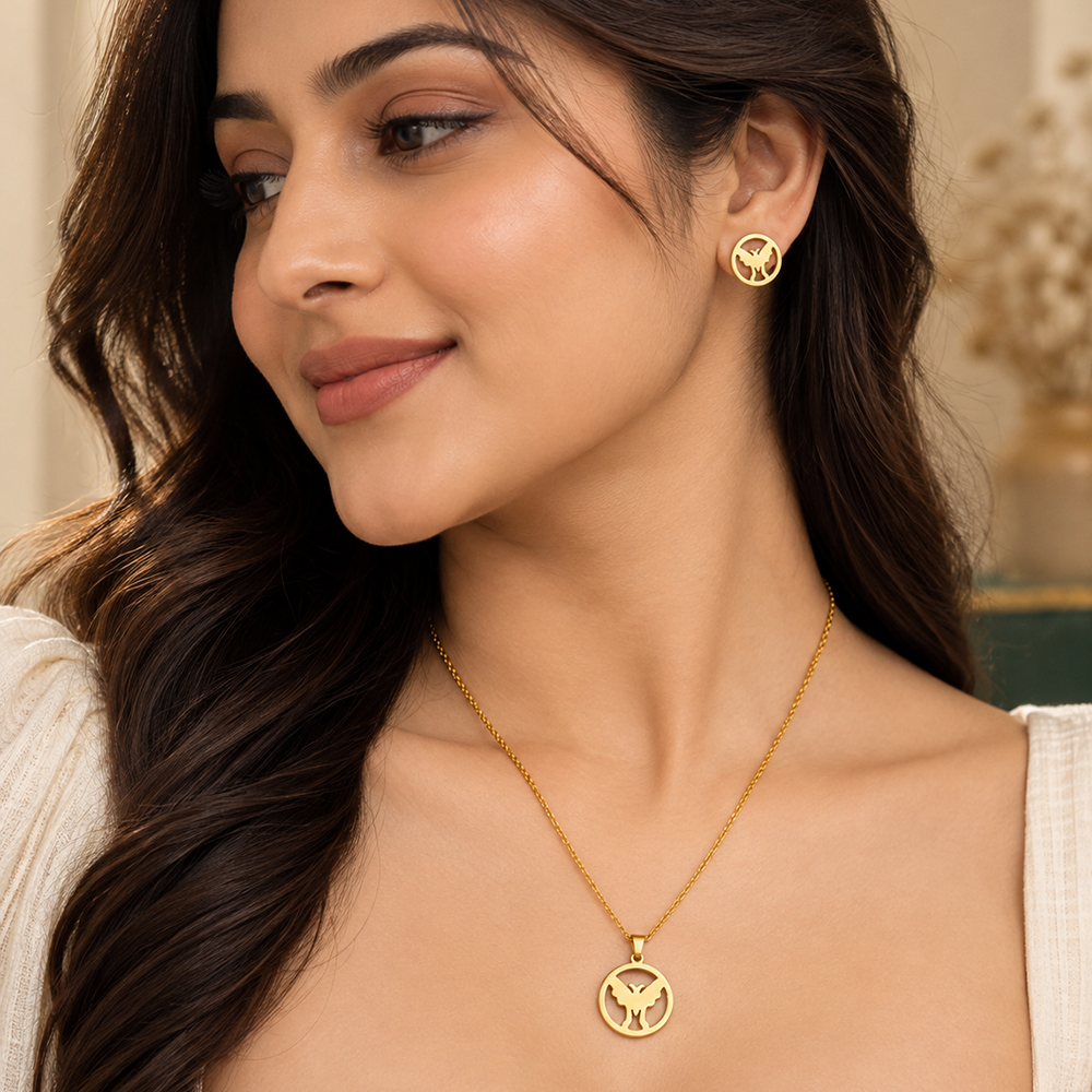 The99Jewel Minimal Anti Tarnish Butterfly Pendant Chain Necklace & Earrings Set for Women