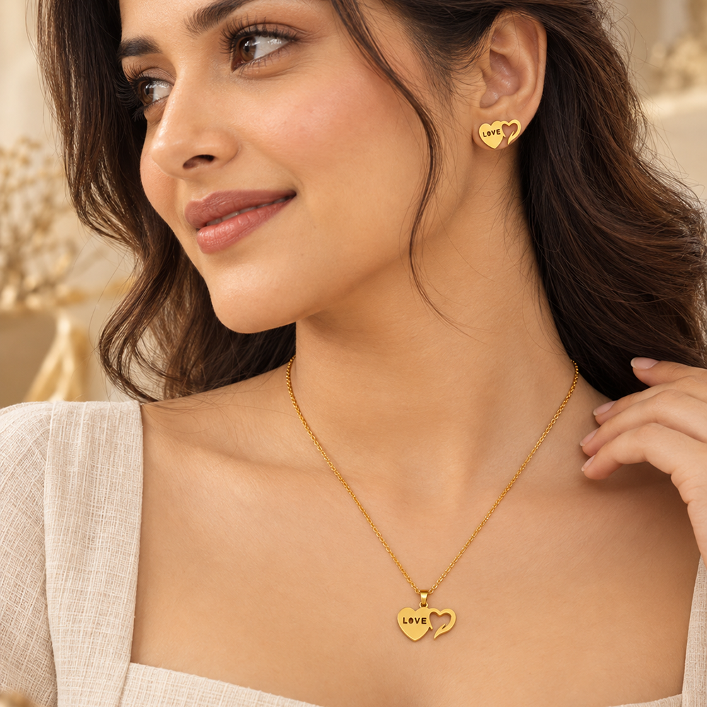 The99Jewel Beautiful Anti Tarnish Heart With Love Pendant Necklace with Matching Earrings for  Party Wear