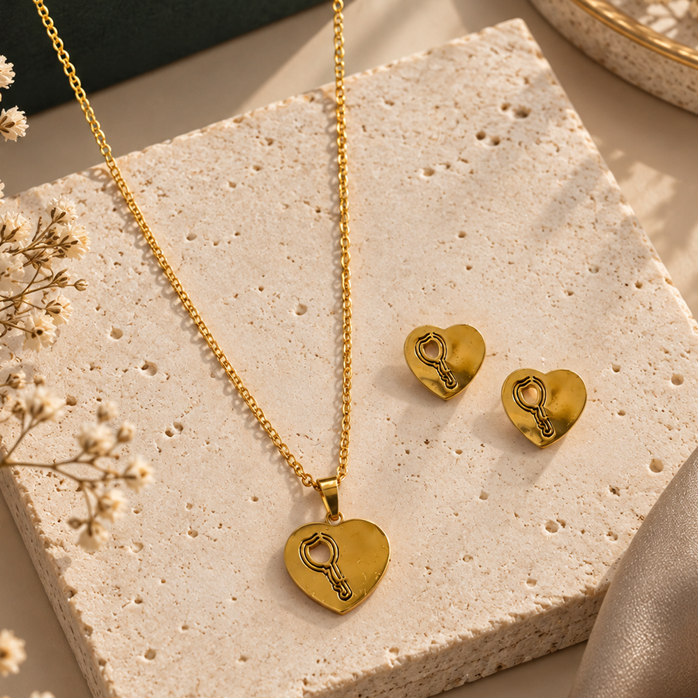 The99Jewel Beautiful Anti Tarnish Heart and Key Pendant Necklace with Matching Earrings for  Party Wear