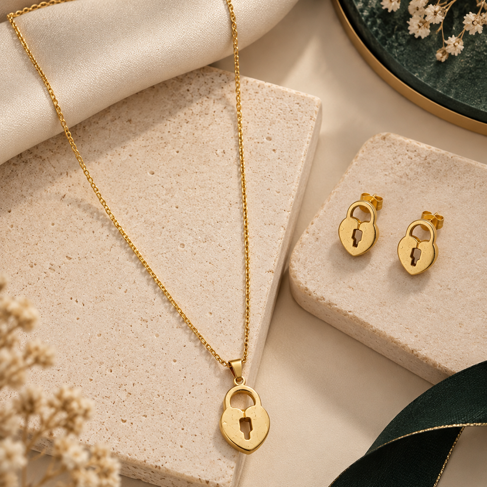 The99Jewel Beautiful Anti Tarnish Heart Lock Pendant Necklace with Matching Earrings for  Party Wear