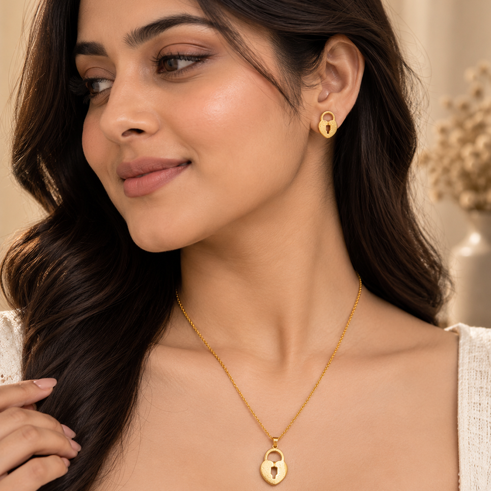 The99Jewel Beautiful Anti Tarnish Heart Lock Pendant Necklace with Matching Earrings for  Party Wear