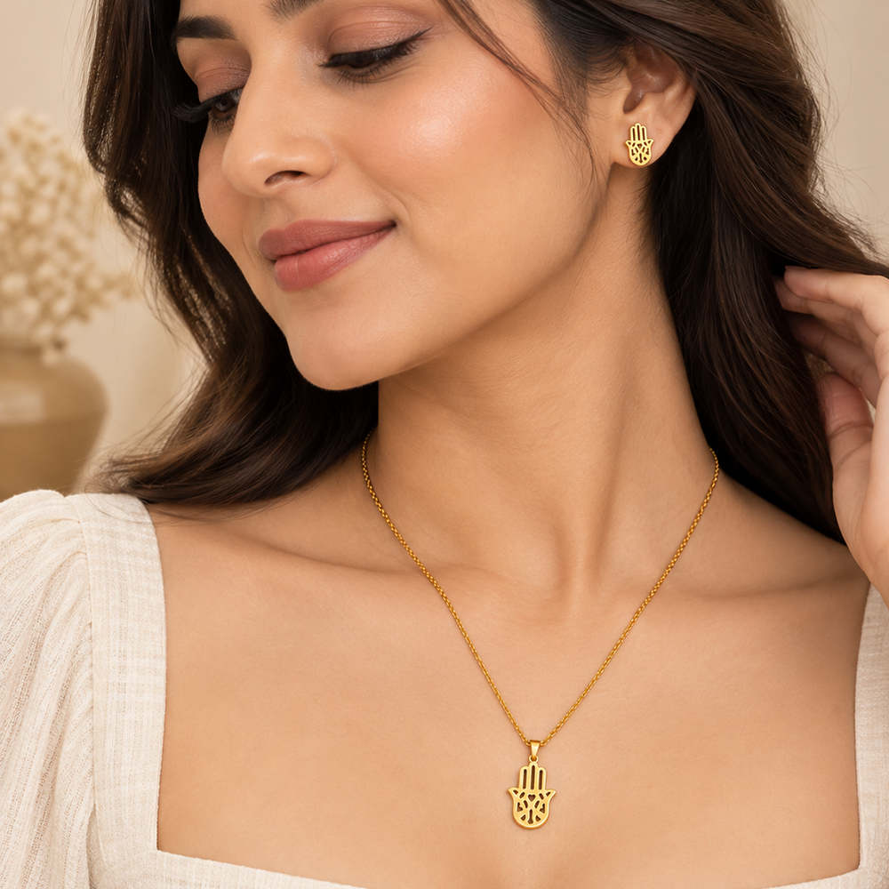 The99Jewel Beautiful Anti Tarnish Hamsa Pendant Necklace with Matching Earrings for  Party Wear