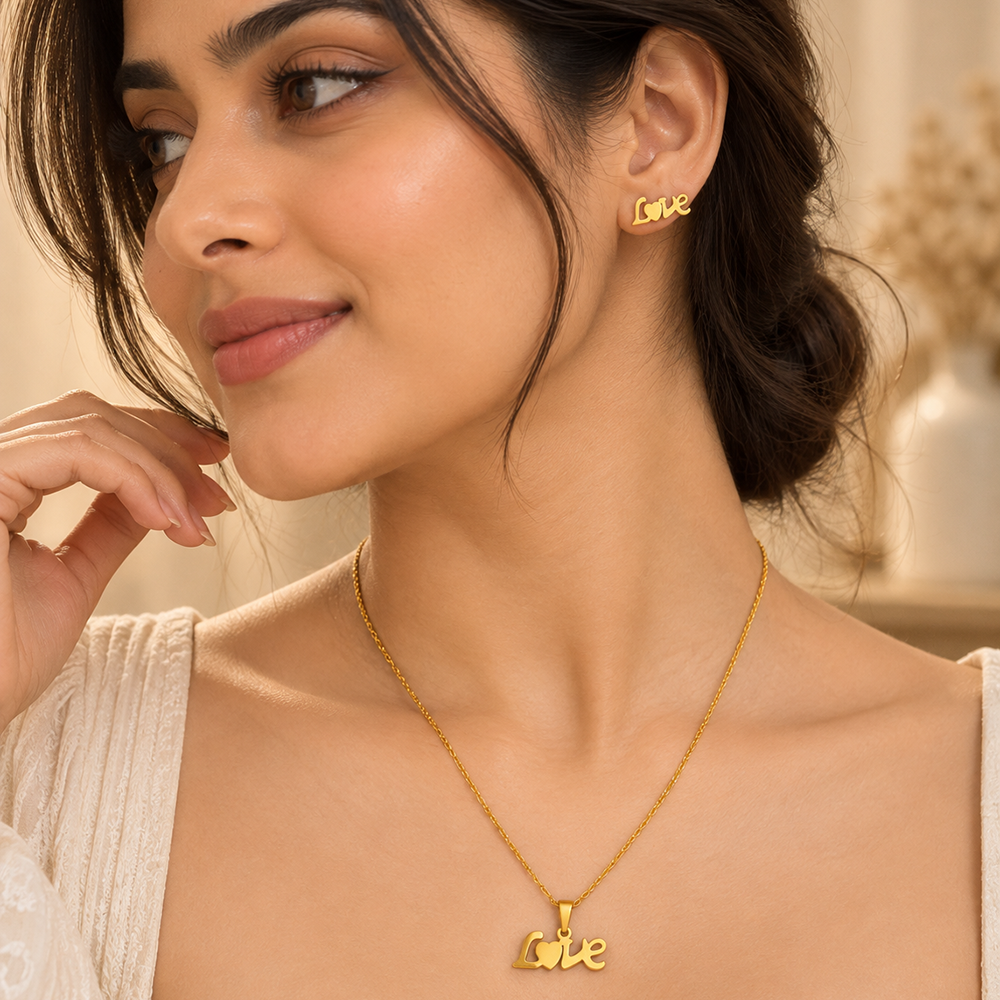 The99Jewel Beautiful Anti Tarnish Love Pendant Necklace with Matching Earrings for  Party Wear