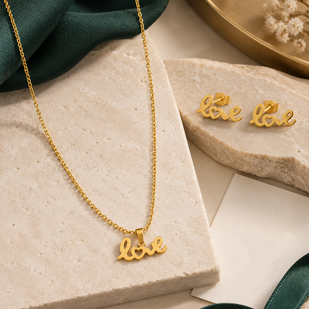 The99Jewel Beautiful Anti Tarnish Love Pendant Necklace with Matching Earrings for  Party Wear