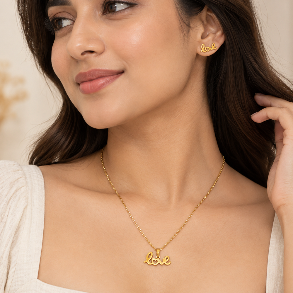 The99Jewel Beautiful Anti Tarnish Love Pendant Necklace with Matching Earrings for  Party Wear