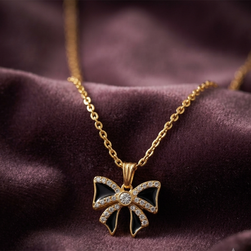 The99Jewel Graceful Austrian Stone Bow Pendant Gold Plated Chain Necklace