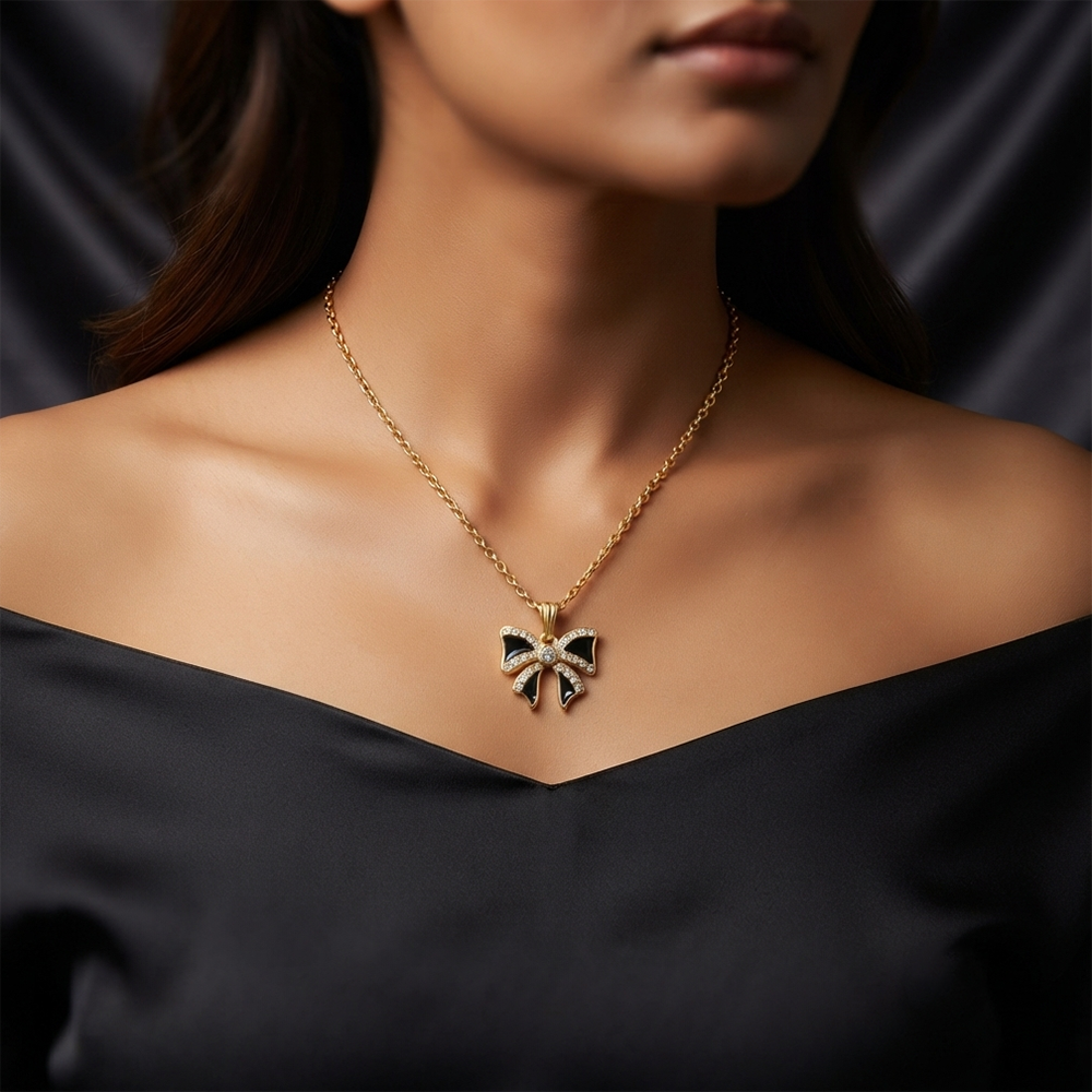 The99Jewel Graceful Austrian Stone Bow Pendant Gold Plated Chain Necklace