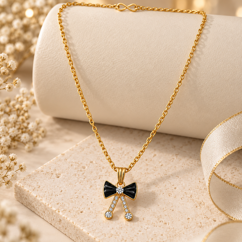 The99Jewel Graceful Austrian Stone Bow Pendant Gold Plated Chain Necklace