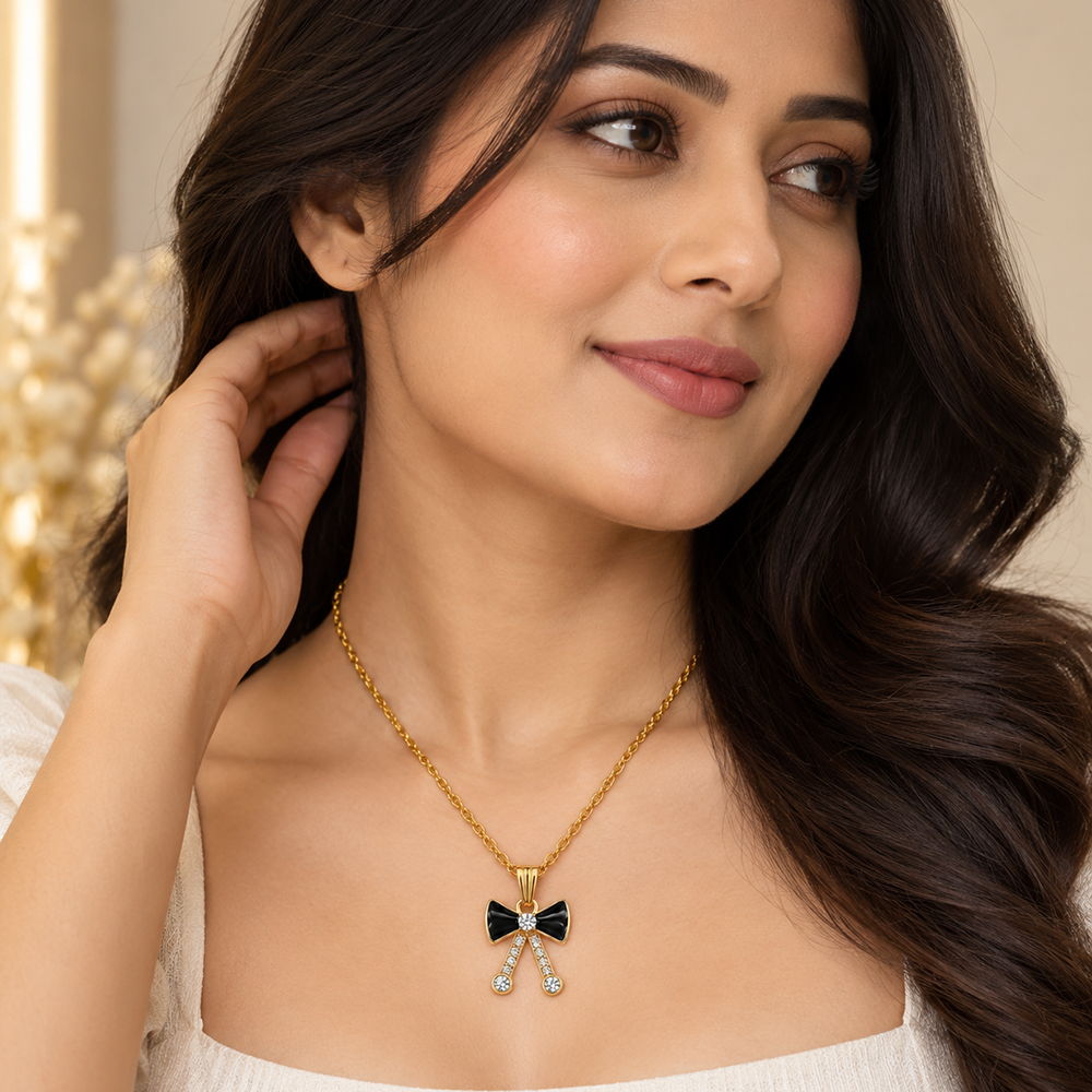 The99Jewel Graceful Austrian Stone Bow Pendant Gold Plated Chain Necklace