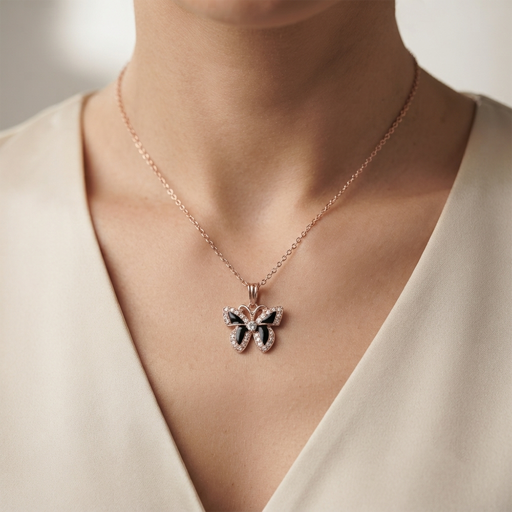 The99Jewel Graceful Austrian Stone Butterfly Pendant Rose Gold Plated Chain Necklace