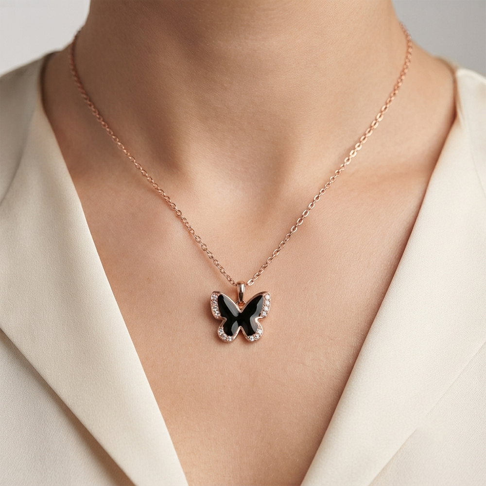 The99Jewel Graceful Austrian Stone Butterfly Pendant Rose Gold Plated Chain Necklace