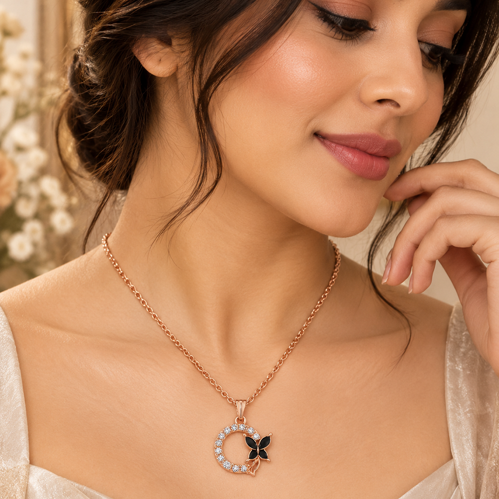 The99Jewel Glamorous Rose Gold Plated Austrian Stone Butterfly Pendant Jewellery for Women